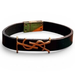 Saint Laurent YSL Cassandre Leather Bracelet Gold Logo Size M w/ Box Dust Bag